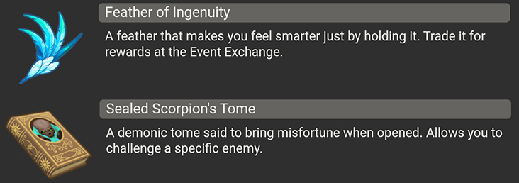 Feathers of Ingenuity and Sealed Scorpion's Tome items